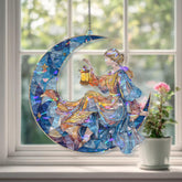 Moon Lady Acrylic Suncatcher, Stained Glass Style Woman with Lantern Crescent Window Hanging, Whimsical Fantasy Night Sky Home Decor Gift